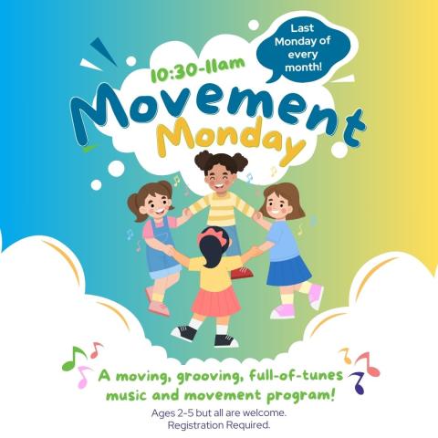 Children are holding hands and spinning in a circle as they sing. Behind them is a blue to gold gradient with a large cartoon thought bubble reading "Movement Monday"