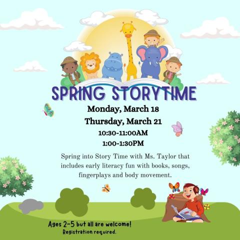 Bright cartoon landscape of grass and bushes with a cloud-filled sky. A child reads a story on the ground and leans against a stump. Above him, a group of child explorers and zoo animals emerge from an open book. A sun is lit behind them.