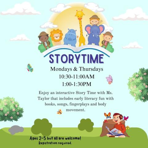 Bright cartoon landscape of grass and bushes with a cloud-filled sky. A child reads a story on the ground and leans against a stump. Above him, a group of child explorers and zoo animals emerge from an open book. A sun is lit behind them.