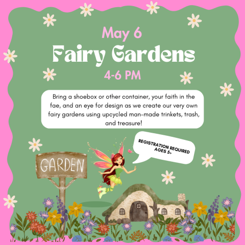 Garden of assorted flowers with a sign and fairy house. Fairy flies above it