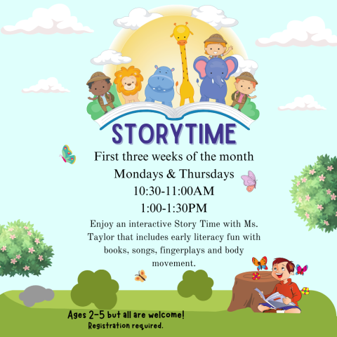 Bright cartoon landscape of grass and bushes with a cloud-filled sky. A child reads a story on the ground and leans against a stump. Above him, a group of child explorers and zoo animals emerge from an open book. A sun is lit behind them.